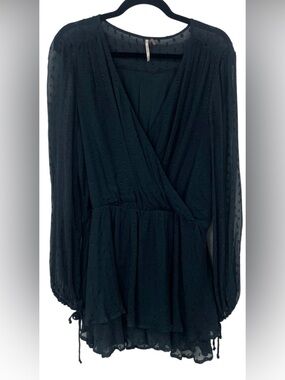 Free people Black Swiss Dot Wrap Peplum Long-Sleeve Top